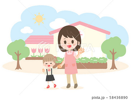 園児と先生が手を繋いでいるイラストのイラスト素材