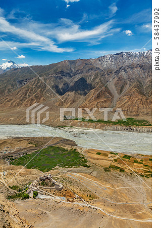 Aerial view of Spiti valley and Key gompa in Himalayas 58437992