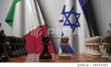 Flags of Italy and Israel behind pawns on the chessboard. Chess game or political rivalry related 3D Flags of Italy and Israel behind pawns on the chessboard. Chess game or political rivalry related 3D 58441082