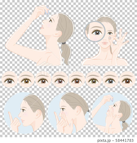 Illustration of a woman taking care of eyes: contact lenses 58441783