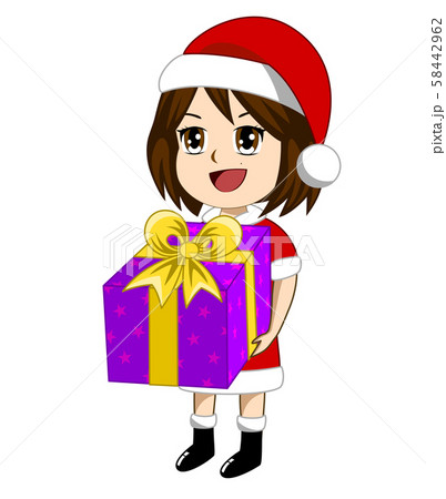 The girl in the Santa Claus outfit is giving a gift box wrapped in purple paper with a star pattern. And tied with a beautiful yellow ribbon. The girl in the Santa Claus outfit is giving a gift box wrapped in purple paper with a star pattern. And tied with a beautiful yellow ribbon. 58442962