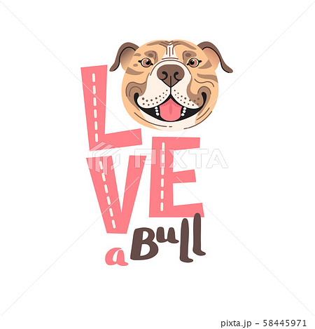 The inscription on the t-shirt of the owner of the dog Pitbull. Word LOVE with a American 58445971