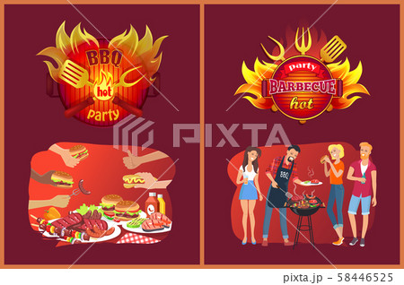 Barbecue Party Emblems and Friends near Grill Barbecue Party Emblems and Friends near Grill 58446525