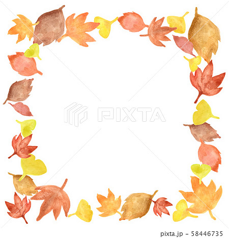 秋の落葉フレーム 水彩 正方形のイラスト素材
