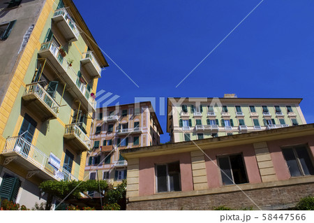Colorful buildings and beach at Camogli on sunny summer day, Liguria Colorful buildings and beach at Camogli on sunny summer day, Liguria 58447566