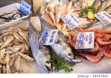 Italian fish market with many different fresh fishes Italian fish market with many different fresh fishes 58447603