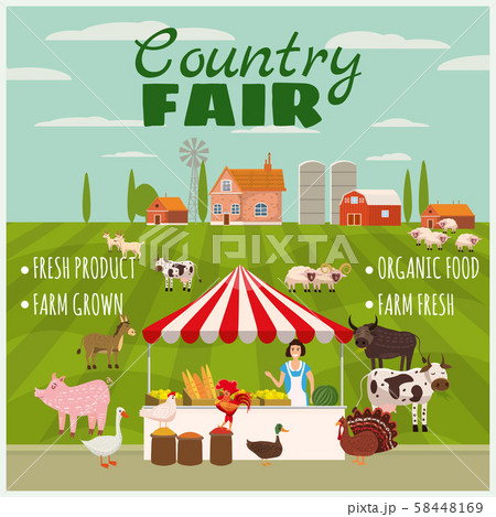 Country Fair Farmer Family Sell Harvest Products Grocery On Eco Farm Organic. Farm animals goose 58448169