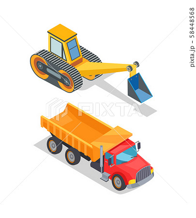 Excavator and Truck with Empty Loading Container 58448568