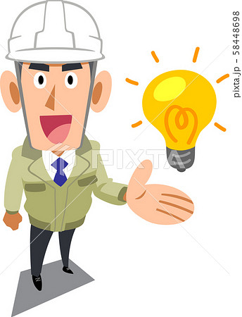 アイデアを紹介するヘルメットをかぶった工務店の男性 アイデアを紹介するヘルメットをかぶった工務店の男性 58448698