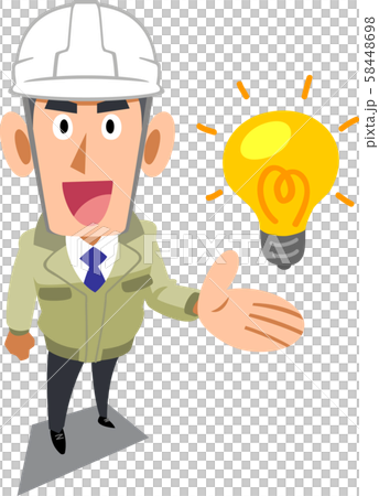 アイデアを紹介するヘルメットをかぶった工務店の男性 アイデアを紹介するヘルメットをかぶった工務店の男性 58448698