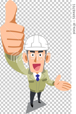 A man in a construction shop wearing a helmet to thumb up and introduce 58448701
