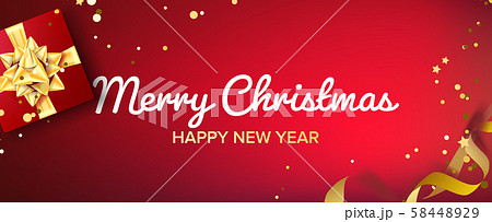 Merry Christmas Banner Vector. Gifts Box With Gold Bow. Red Horizontal Background Illustration Merry Christmas Banner Vector. Gifts Box With Gold Bow. Red Horizontal Background Illustration 58448929