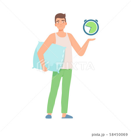 Man is standing with a pillow and a clock. Vector illustration. 58450069