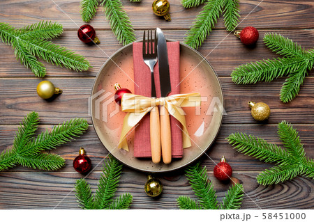 Top view of New Year dinner on festive wooden 58451000