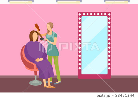 Woman Stylist Using Hair Dryer Make Client Haircut 58451344