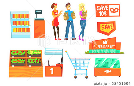 Supermarket Interior Elements Set, Supermarket Worker and Customers Who Choosing and Buying Products Supermarket Interior Elements Set, Supermarket Worker and Customers Who Choosing and Buying Products 58451604