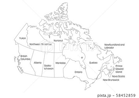 Map of Canada divided into 10 provinces and 3 territories. Administrative regions of Canada. White Map of Canada divided into 10 provinces and 3 territories. Administrative regions of Canada. White 58452859