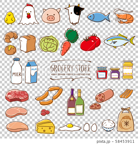 スーパーマーケットの食料品 手描き イラスト 色のイラスト素材
