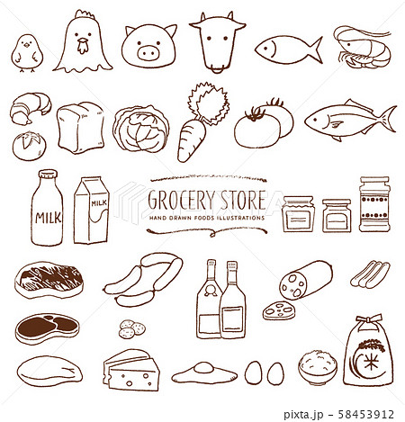 スーパーマーケットの食料品 手描き イラスト 線画のイラスト素材