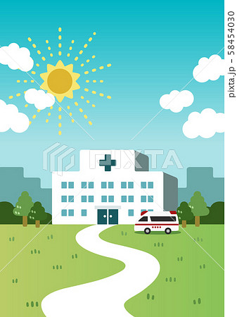 街中の病院 青空と芝生 ポスター背景のイラスト素材