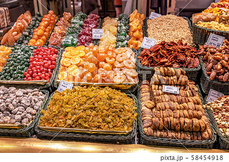 Candied fruits in famous market Boqueria in 58454918