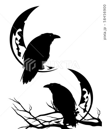 halloween raven on tree branch and crescent moon black vector silhouette 58456900