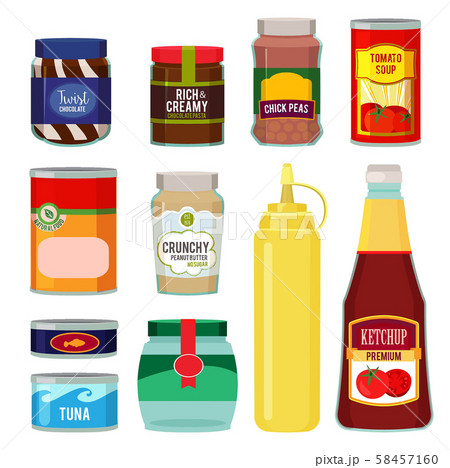 Illustrations of canned goods. Conservation of tomato, fish, vegetables and other foods 58457160