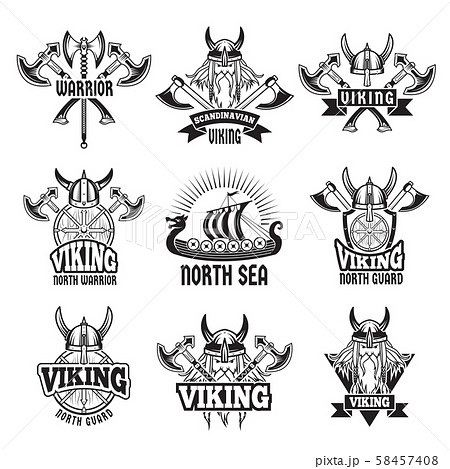 Sports and battle badges and labels with vikings and barbarian warriors. Monochrome pictures 58457408