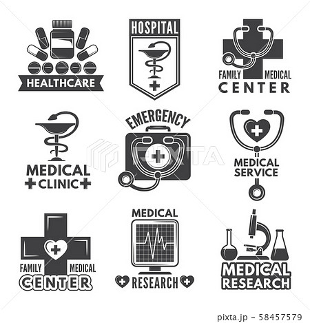 Pharmacy, chemistry or medicine labels set. Vector monochrome logos template Pharmacy, chemistry or medicine labels set. Vector monochrome logos template 58457579