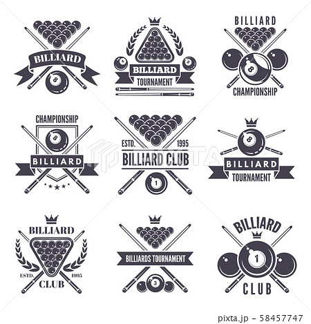 Monochrome labels or logos for billiard club. Vector illustrations of snooker balls 58457747
