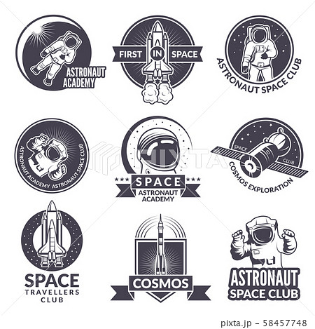 Emblems, labels or logos of space theme with illustrations of space and astronauts 58457748