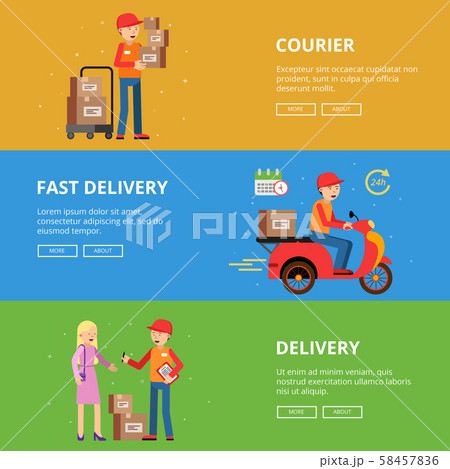 Horizontal banners set. Delivery service people Horizontal banners set. Delivery service people 58457836
