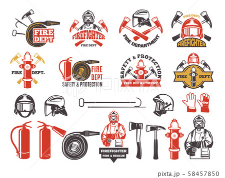 Colored badges for firefighter department. Symbols set of emergency protection isolated on white 58457850