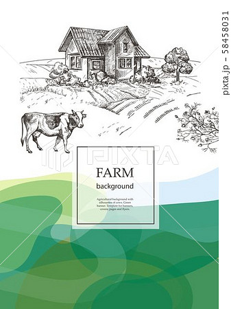 Cow and village house. Agricultural brochure layout design. Cow and village house. Agricultural brochure layout design. 58458031