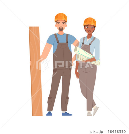Pair of builders in gray overalls. Vector illustration. Pair of builders in gray overalls. Vector illustration. 58458550