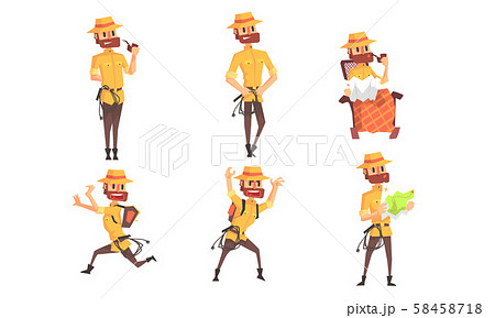 Archaeologist Scientist Cartoon Character in Different Situations Set, Funny Bearded Man in Safari Archaeologist Scientist Cartoon Character in Different Situations Set, Funny Bearded Man in Safari 58458718