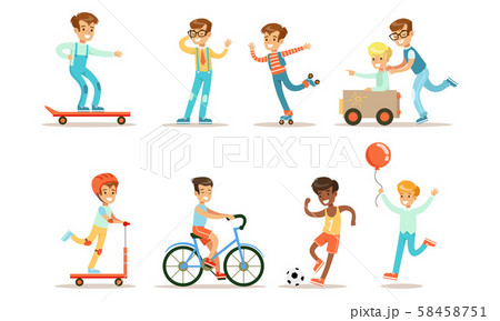 Teenage Boy Outdoor Activities Set, Boy Doing Sports, Riding Bicycle, Kick Scooter, Skateboard Teenage Boy Outdoor Activities Set, Boy Doing Sports, Riding Bicycle, Kick Scooter, Skateboard 58458751
