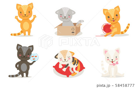 Cute Kittens Cartoon Characters Set, Adorable Little Cats in Different Situations Vector 58458777