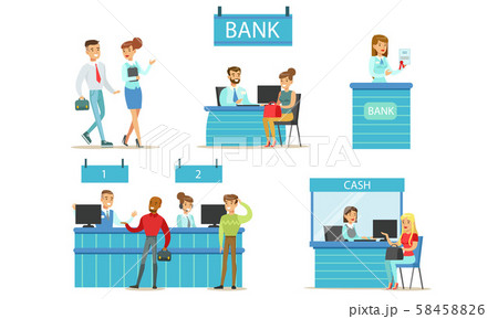 Bank Managers and Clients Set, Banking Service, People Standing at the Bank Office and Making 58458826