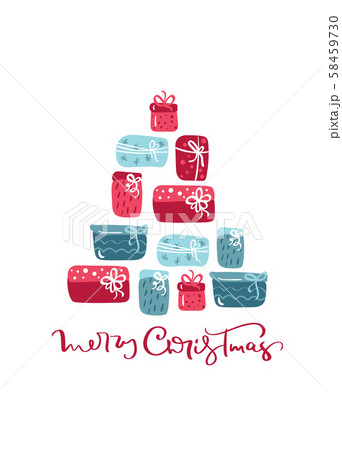 Merry Christmas calligraphic lettering hand written vector text. Greeting card design with gift xmas 58459730