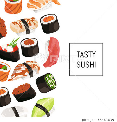 Vector cartoon sushi types background with place for text Vector cartoon sushi types background with place for text 58463639