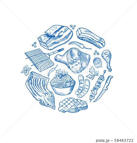 Vector hand drawn monochrome meat elements 58463722