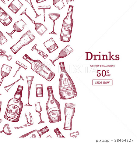 Vector hand drawn alcohol drink bottles and glasses background illustration with place for text 58464227