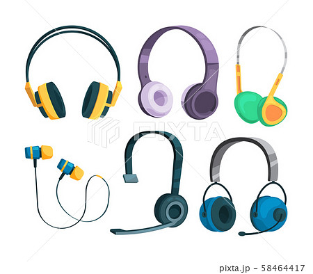 Set vector illustrations of various headphones 58464417