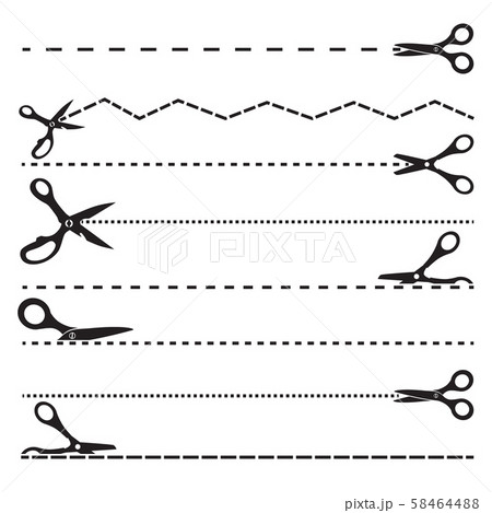 Pictures with scissors and cutting lines. Tools for design templates Pictures with scissors and cutting lines. Tools for design templates 58464488