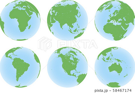 Set of six planet Earth globes with green land map 58467174