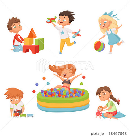 Preschool childrens playing in various toys. Vector illustrations in cartoon style 58467848