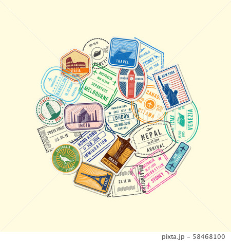 Vector world immigration and post stamp marks gathered in circle illustration 58468100