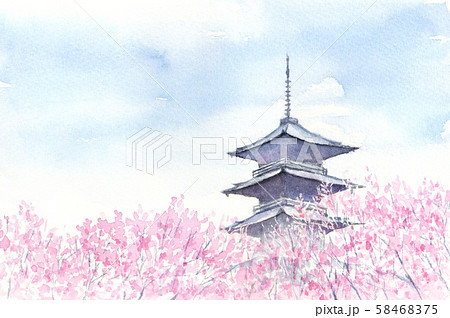 五重塔 桜 水彩画のイラスト素材