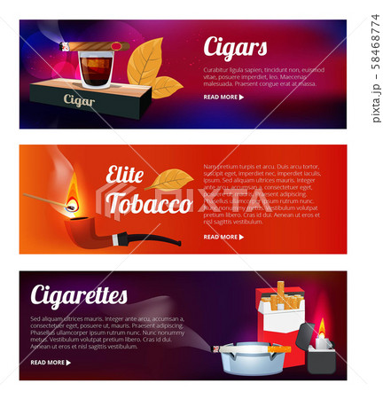 Horizontal banners with illustrations of hookah, cigarettes and various tools for smokers Horizontal banners with illustrations of hookah, cigarettes and various tools for smokers 58468774